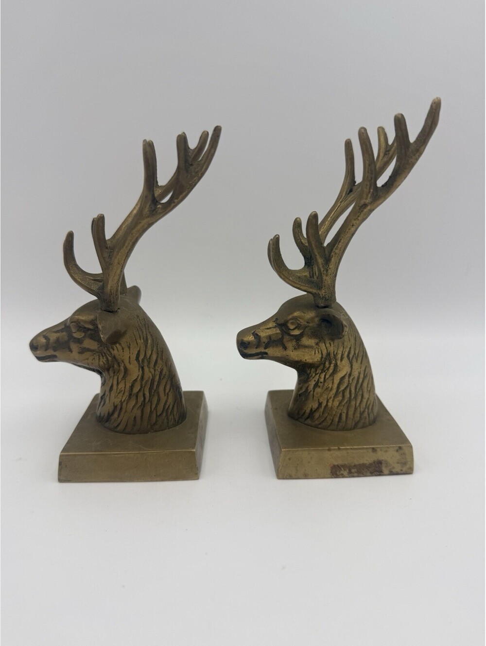 Vintage Brass Stag Deer Bookends Pair MCM Patina Good Condition